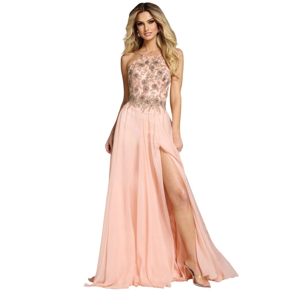 Jovani NWT A-Line Gown w/Floral Embellished Bodice & Flowy Skirt in Peach Size 4